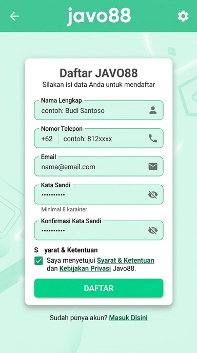 Tampilan halaman daftar javo88